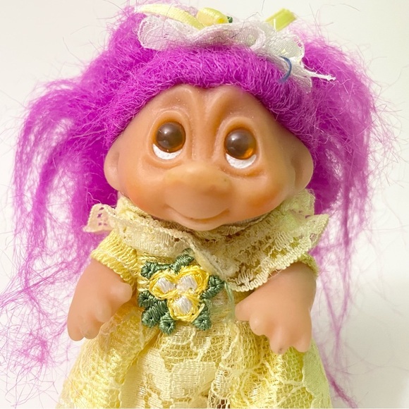 Vtg 1986 Dam Troll Mini Purple Hair Yellow Dress - Picture 2 of 16